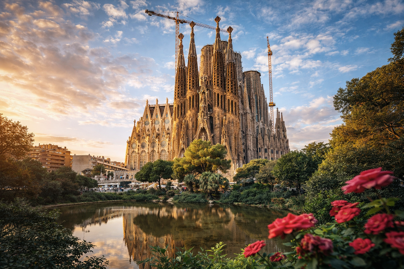 サグラダ・ファミリアの外観と夕焼けの風景