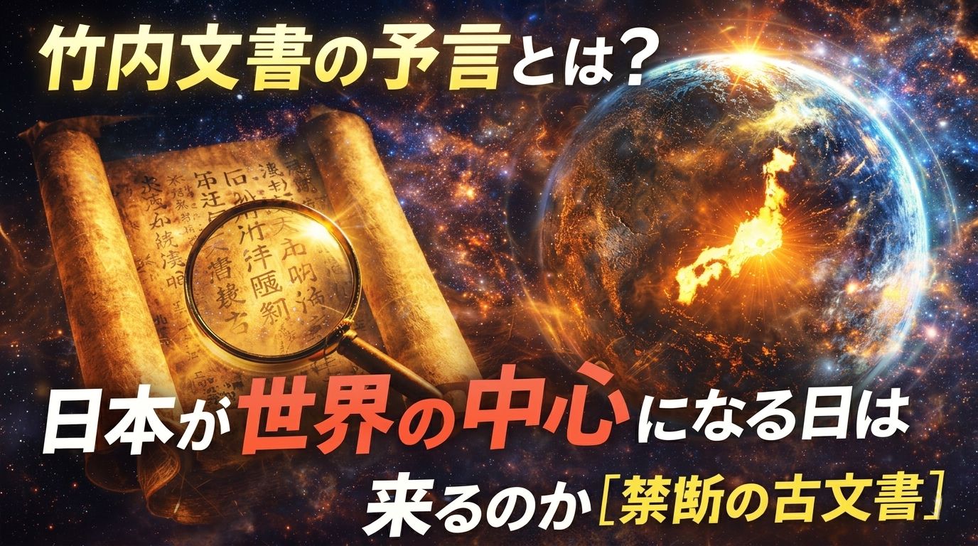 竹内文書の予言と日本中心説を表現した神秘的な古文書と地球のイメージ