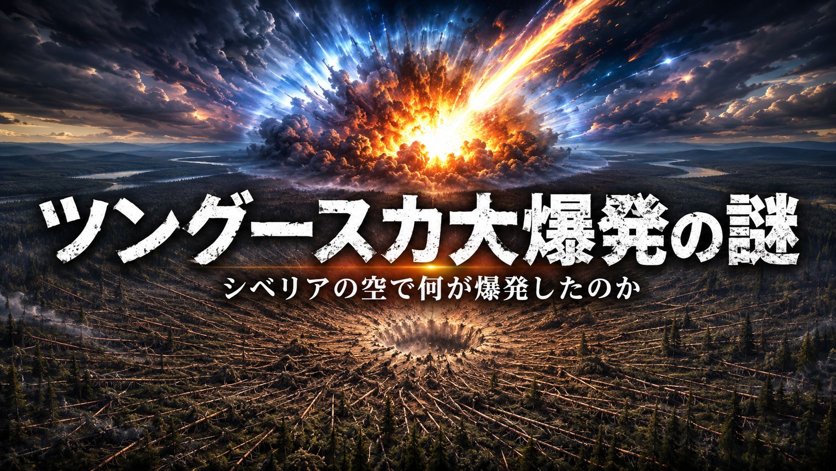 ツングースカ大爆発の謎を表現したシベリア上空の巨大爆発と倒れた森林のイメージ